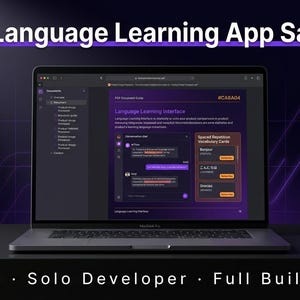 Könnte beinhalten: Ein Laptop mit einer KI-Sprachlern-App-SaaS-Oberfläche in Dunkelviolett. Der Bildschirm zeigt einen Chat-Verlauf und Vokabelkarten. Der Text lautet AI Language Learning App SaaS und 30 Days Solo Developer Full Build Guide.