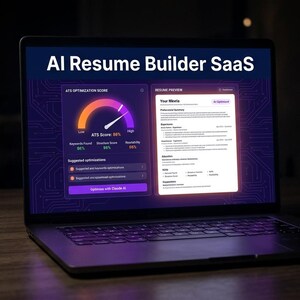 Puede incluir: Una pantalla de portátil que muestra una interfaz SaaS de creación de currículos con IA. El panel incluye un medidor de puntuación de optimización ATS, métricas de análisis de palabras clave y una ventana de vista previa.