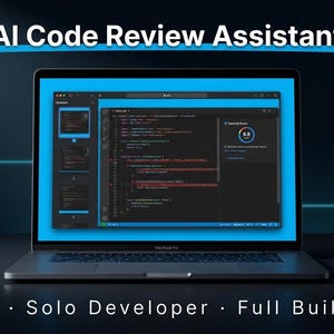 Könnte beinhalten: Ein Laptop mit einer KI-Code-Review-Assistenten-Oberfläche, Code-Snippets und einer Bewertung von 8,9. Der Bildschirm zeigt oben den Text AI Code Review Assistant und unten 30 Days · Solo Developer · Full Build Guide.