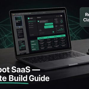 May include: A laptop displaying an AI Chatbot SaaS Complete Build Guide with a dark interface, green accents, and a dashboard view. Text overlays include 30+ PAGES and Ready-to-Use Claude Prompts, with a notebook and pen nearby on a dark desk.