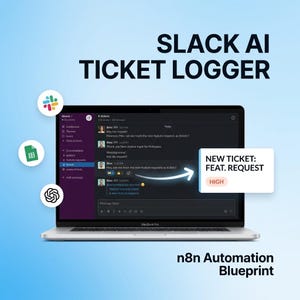 May include: A laptop screen displays a Slack interface with a Slack AI Ticket Logger automation. A white arrow points from a chat message to a box labeled NEW TICKET: FEAT. REQUEST with a HIGH priority tag. Icons for Slack, Sheets, and ChatGPT appear.