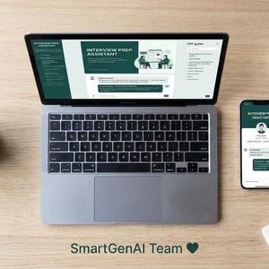 May include: A silver laptop and a smartphone displaying an Interview Prep Assistant interface with dark green accents. A black coffee mug, a small potted succulent, and a white notebook with a pen are arranged around the devices on a light wood surface.