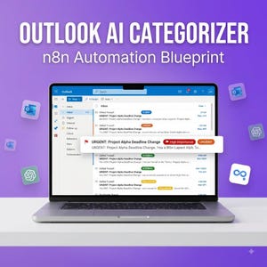 May include: A laptop displaying an Outlook email interface with an AI categorizer automation blueprint. The screen shows an inbox with color-coded labels like URGENT, CLIENT, and INTERNAL. Floating icons for software applications surround the laptop.