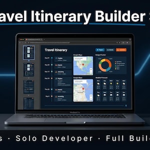 May include: A laptop displaying an AI Travel Itinerary Builder SaaS interface with a dark theme, featuring a travel schedule, Google Maps, a budget tracker, and weather forecast. The text reads AI Travel Itinerary Builder SaaS, 30 Days, Solo Developer, Full Build Guide, and SmartGenAI.