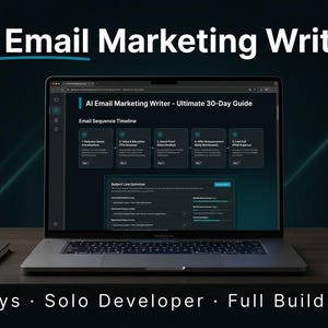 Op de afbeelding: Een laptop met een AI Email Marketing Writer-interface, een e-mailvolgorde-tijdlijn en een onderwerpregel-optimalisatie. Het scherm toont de tekst AI Email Marketing Writer - Ultimate 30-Day Guide. Een notitieboek en een mok staan ernaast.