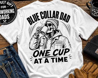Mens Blue Collar Dad Tee Shirt | Back Print Skeleton Graphic Design | Perfect Gift For Any Hardworking Daddy That He Will Love For Everyday