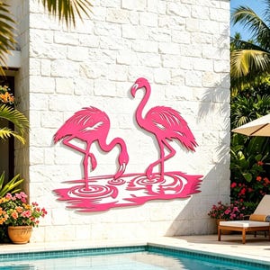 Puede incluir: Dos obras de arte murales de flamencos de color rosa brillante. Los flamencos se representan en un estanque con ondas de agua. La obra de arte mural está montada en una pared de ladrillo blanco, con una piscina y plantas tropicales en el fondo.