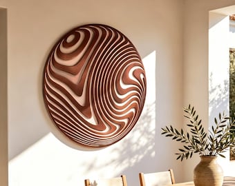 Abstracte wervelende metalen muurkunst, modern decor met golvende lijnen, minimalistisch en eigentijds huisaccent, uniek statementstuk voor woonkamer