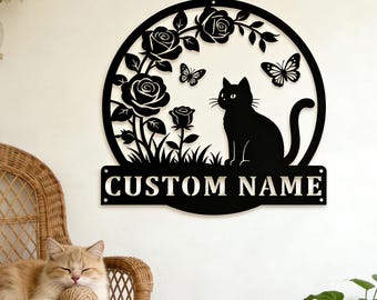 Custom Cat Silhouette Metal Art, Personalized Name Floral Sign, Cat Lover Decor