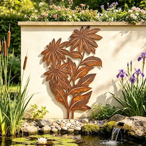 Puede incluir: Una pieza de arte mural de metal color óxido con un diseño floral que presenta tres grandes flores similares a margaritas y varias hojas puntiagudas. La escultura está montada en una pared clara sobre un estanque.