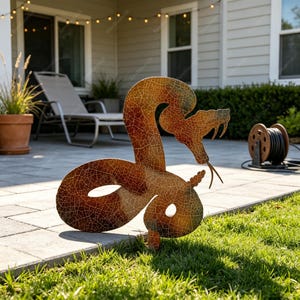 Könnte beinhalten: Eine dekorative Metall-Gartenskulptur in Form einer zusammengerollten Klapperschlange mit offenem Maul und Fangzähnen. Die Oberfläche weist ein strukturiertes, rissiges Finish in Braun-, Rost- und Orangetönen auf, das eine verwitterte Optik erzeugt.