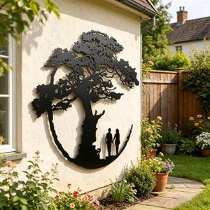 Könnte beinhalten: Schwarze Metall-Wandkunst mit einem Baum und einer Silhouette eines Paares, das Händchen hält. Das Kunstwerk ist an einer strukturierten, cremefarbenen Wand befestigt. Im Hintergrund sind ein Garten und ein Haus zu sehen.