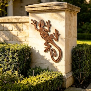 May include: A rust-colored metal wall art piece shaped like a lizard with a curled tail and a circular pattern on its back. The lizard is mounted on a light-colored stone pillar, featuring a textured surface and a distinct, weathered brown finish.