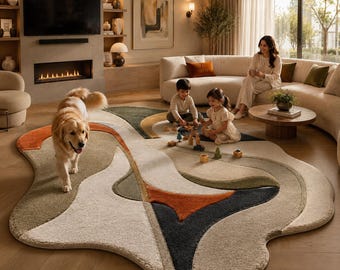 Alfombra de lana artesanal hecha a mano. Alfombra para sala de estar y área personalizada. Alfombra geométrica contemporánea, alfombra de lana hecha a mano para sala de estar, tamaño personalizado.