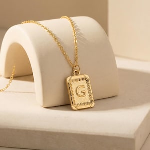 Gold Rectangle Initial Necklace, Personalized Letter Charm, Minimalist Jewelry, Custom Square Name Pendant, Gift for Mom