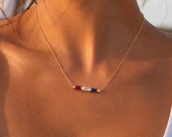 USA 250th Anniversary Necklace, Patriotic Jewelry, July 4th Gift, Red White Blue Gem, 14K Gold Plated 925 Silver, Minimalist Flag