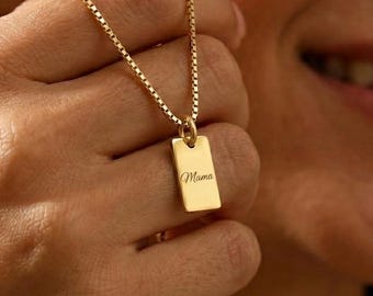 Personalized Mini Name Necklace, Custom Engraved Rectangle Tag Pendant, Dainty Gold Nameplate on Box Chain, Mothers Day Gift for Her