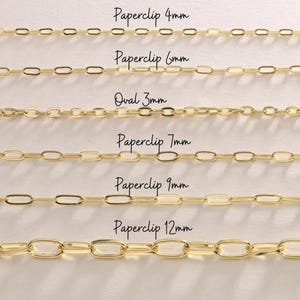 May include: A collection of gold-colored chain necklaces in various styles and sizes. The image includes chains labeled 'Paperclip' in 4mm, 6mm, 7mm, 9mm, and 12mm sizes, and an 'Oval' chain in 3mm. The text is in a handwritten style.