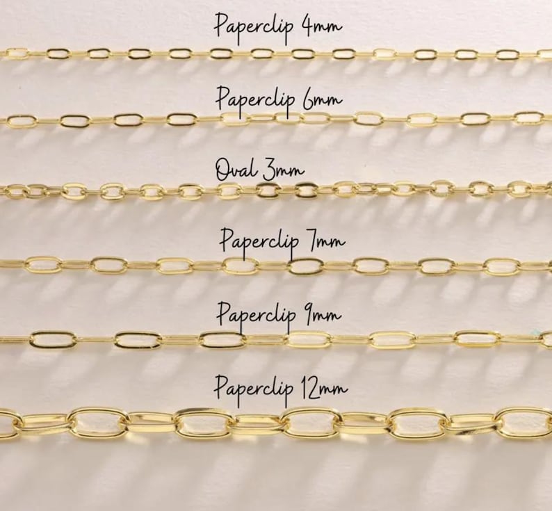 May include: A collection of gold-colored chain necklaces in various styles and sizes. The image includes chains labeled 'Paperclip' in 4mm, 6mm, 7mm, 9mm, and 12mm sizes, and an 'Oval' chain in 3mm. The text is in a handwritten style.