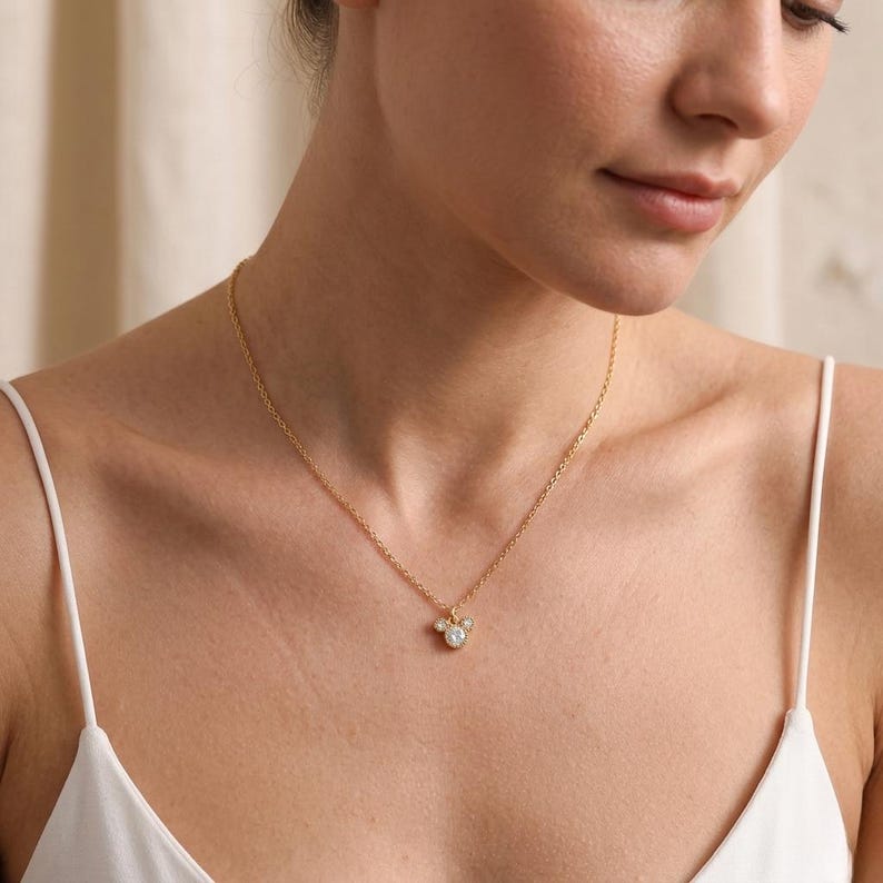Dainty 18K gold plated crystal mouse pendant necklace, minimalist three-stone jewelry on a delicate 16 inch chain.
