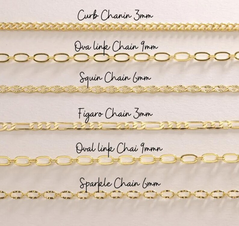 May include: A selection of gold-colored chain necklaces, each with a unique design. The image displays Curb, Oval link, Squin, Figaro, Oval link, and Sparkle chains, with their widths in millimeters. The chains are displayed against a neutral background.