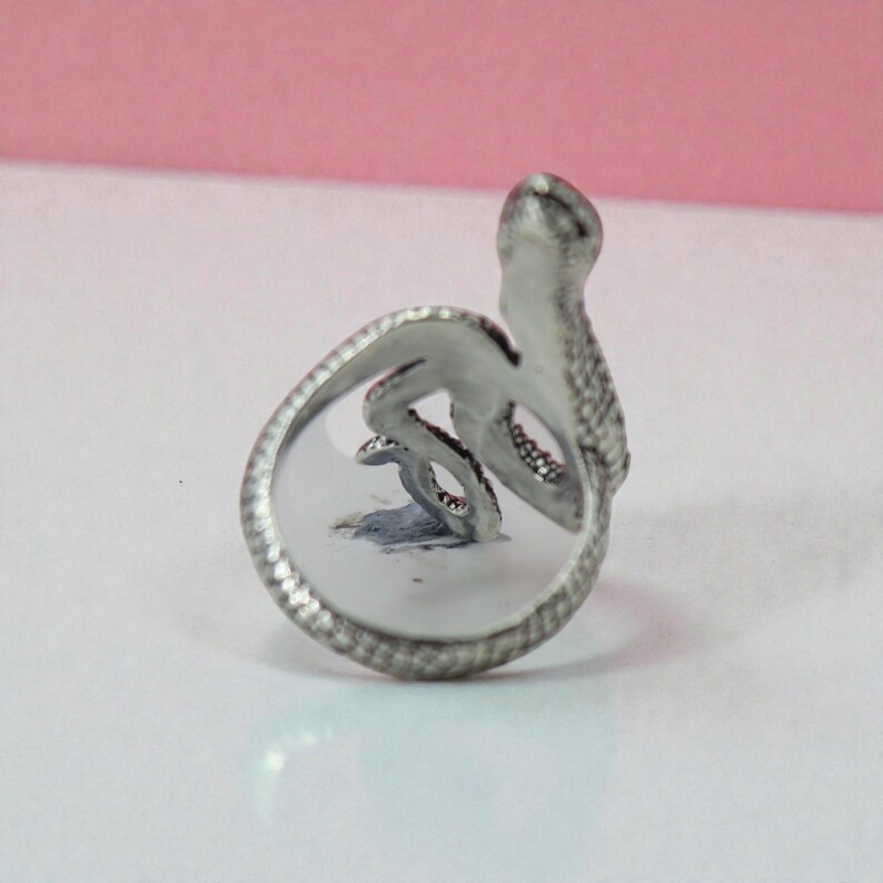 May include: A silver snake ring. The ring has a coiled snake design with detailed scales and a raised head. The snake's body forms the ring band, creating a unique and eye-catching piece of jewellery.