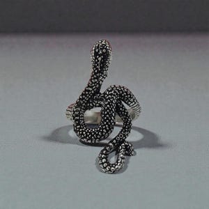 May include: A silver snake ring, coiled in a dynamic pose. The snake's body is detailed with scale patterns, and its head is raised. The ring is set against a grey backdrop.