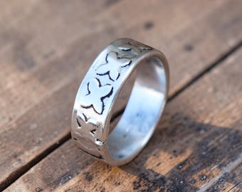 Sterling Silver Butterfly Wide Band Ring, Rustic Statement Jewelry