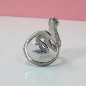 May include: A silver snake ring. The ring has a coiled snake design with detailed scales and a raised head. The snake's body forms the ring band, creating a unique and eye-catching piece of jewellery.