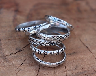 Set of 7 Sterling Silver Stacked Rings, Tribal Style Dainty Band Set