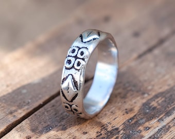 Oxidized Sterling Silver Geometric Ring, Tribal Statement Band