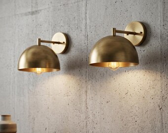 Mid Century Modern Messing Dome Wandleuchte, Industrielle Gold Eitelkeitsleuchte, Vintage Nachttischlampe, Handgemachte Wandbeleuchtung