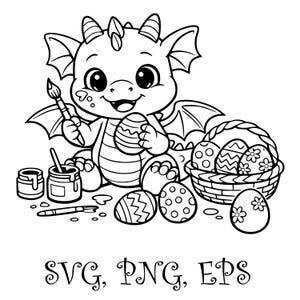 Könnte beinhalten: Schwarz-Weiß-Illustration eines Cartoon-Drachen, der Ostereier dekoriert. Der Drache hält einen Pinsel und ein Ei, mit einem Korb und mehreren dekorierten Eiern in der Nähe. Das Bild enthält den Text "SVG, PNG, EPS".