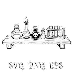 Könnte beinhalten: Schwarz-Weiß-Illustration von Zaubertrankflaschen und Reagenzgläsern auf einem Holzregal. Die Flaschen haben Korken und sind mit Flüssigkeiten gefüllt. Eine Flasche zeigt einen Totenkopf.