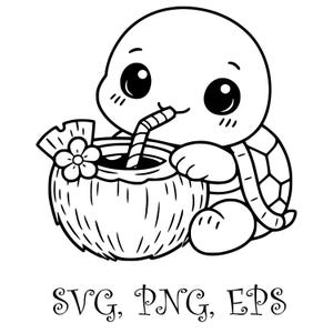 Turtle with Coconut SVG – Cute Summer Turtle Clipart – Kawaii Tropical Turtle Line Art für Cricut, Sticker & Print‑on‑Demand
