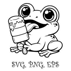 May include: Black and white cartoon illustration of a frog holding a popsicle. The frog has large eyes and a smiling expression, with its tongue sticking out. The text "SVG, PNG, EPS" is at the bottom.