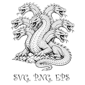 Könnte beinhalten: Detaillierte Schwarz-Weiß-Illustration eines mehrköpfigen Drachen. Das Fabelwesen hat sieben Köpfe, jeder mit scharfen Zähnen und einer langen Zunge. Der Text "SVG, PNG, EPS" ist unten abgebildet.