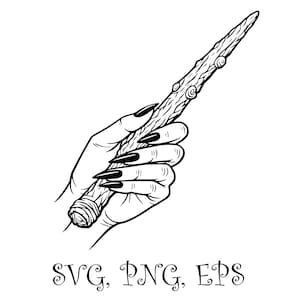 May include: Black and white illustration of a hand with long, pointed nails holding a wand. The wand has a textured, wooden appearance with decorative elements. The image includes the text "SVG, PNG, EPS" at the bottom.