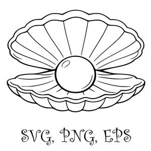 Könnte beinhalten: Eine schwarz-weiße Strichzeichnung einer offenen Muschel mit einer einzelnen runden Perle in der Mitte. Unter der Muschel ist der Text SVG, PNG, EPS in einer dekorativen Schriftart dargestellt, die die verfügbaren Dateiformate angibt.