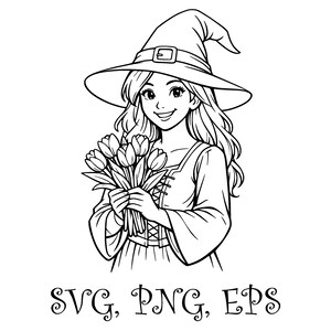 Könnte beinhalten: Schwarz-Weiß-Illustration einer lächelnden Person mit Hexenhut, die einen Tulpenstrauß hält. Die Person trägt ein Kleid mit Schnürmieder. Der Text "SVG, PNG, EPS" ist im Bild enthalten.