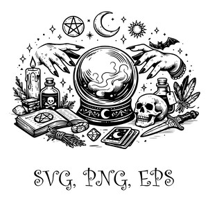 Könnte beinhalten: Schwarz-weiße Illustration einer Kristallkugel mit Händen, einem Schädel, einem Dolch und anderen mystischen Gegenständen. Der Text "SVG, PNG, EPS" ist enthalten.