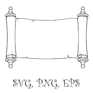 Puede incluir: Una ilustración de arte lineal en blanco y negro de un pergamino horizontal con remates decorativos en ambos extremos. Debajo del pergamino, el texto SVG, PNG, EPS está escrito en una fuente cursiva estilizada, indicando los formatos.