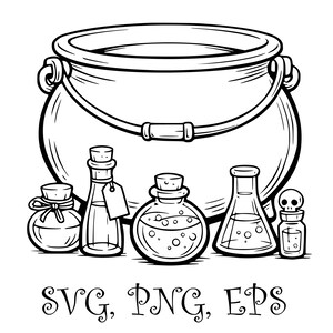 Könnte beinhalten: Schwarz-Weiß-Illustration eines Kessels mit Griff und mehreren Zaubertrankflaschen. Die Flaschen haben Korken und Etiketten. Der Text "SVG, PNG, EPS" steht unten.