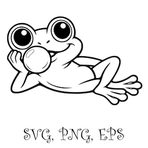 May include: A black and white cartoon illustration of a frog, reclining and holding a bubble. The frog has large eyes and a smiling expression. The text "SVG, PNG, EPS" is below the frog.
