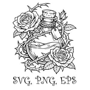 Könnte beinhalten: Schwarz-Weiß-Illustration einer Zaubertrankflasche mit Korken, umgeben von Rosen und Dornenranken. Ein kleines Etikett hängt an der Flasche. Der Text "SVG, PNG, EPS" befindet sich unten.