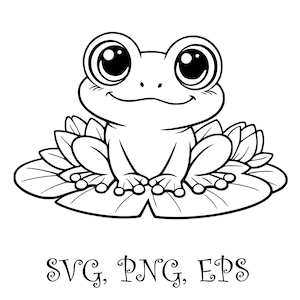 May include: A black and white cartoon illustration of a smiling frog sitting on a lily pad. The frog has large eyes and is surrounded by lily pad leaves. The text "SVG, PNG, EPS" is below the frog.