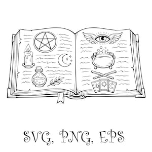 May include: Open book illustration with magical symbols, including a pentagram, crescent moon, potion bottle, candle, and a cauldron with bubbles. The text "SVG, PNG, EPS" is at the bottom. The book's pages are filled with detailed drawings.