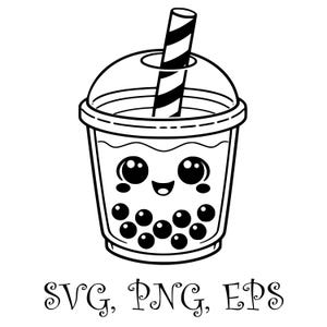 Könnte beinhalten: Eine schwarz-weiße Strichzeichnung eines Bubble-Tea-Bechers mit gewölbtem Deckel und gestreiftem Strohhalm. Der Becher zeigt ein lächelndes Gesicht mit großen Augen und mehreren runden Tapioka-Perlen. Unten steht der Text SVG, PNG, EPS.