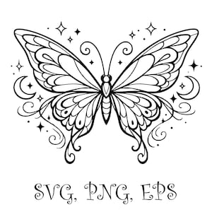 Könnte beinhalten: Schwarz-weiße Illustration eines Schmetterlings mit detaillierten Flügelmustern, Sternen und Monden. Der Text "SVG, PNG, EPS" ist ebenfalls enthalten. Geeignet für Bastelprojekte.
