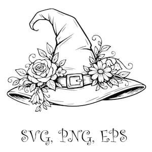 May include: A black and white illustration of a witch's hat decorated with flowers and foliage. The hat features a buckle and is adorned with a rose and other floral elements. The text "SVG, PNG, EPS" is at the bottom.